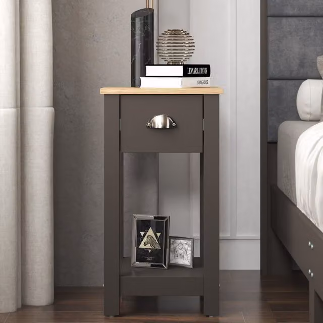 Galano Lilly Slim Side Table with Storage Drawer in Fossil Grey, W: 35.0 cm, D: 32.0 cm, H: 59.5 cm