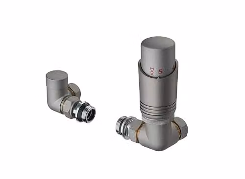 Terma Cylindrical Thermostatic Radiator Valve and Lockshield Set with 3-Axis Corner Connection in Matt Metallic Grey