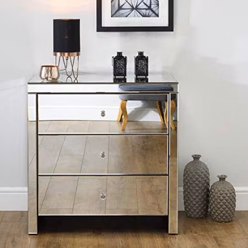 Birlea Seville Silver Mirrored 3 Drawer Chest, H: 82 cm, W: 40 cm, D: 80 cm – 1
