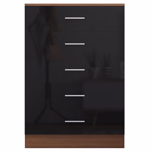 Reflect 5 Drawer Tallboy Chest in Black Gloss and Walnut Matt Finish, H 100 cm x W 70 cm x D 40 cm – 2