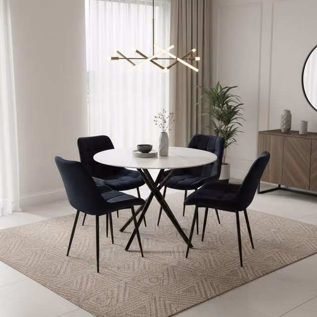 Madefor.living Seattle Round Marble Dining Table with 4 Erica Velvet Chairs in Black