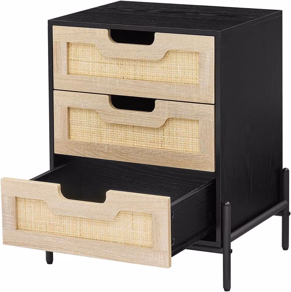 London Boutique Modern Rattan Bedside Table with 3 Drawers in Black, W/D/H: 40 x 40 x 64 cm – 5