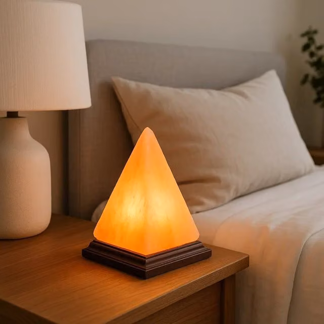 Orsina Hand-Carved Nepal Pyramid Himalayan Salt Lamp with Wooden Base in Orange and Pink