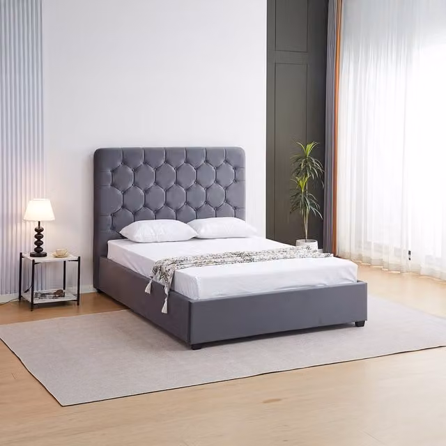 Seconique Madison Ottoman Double Bed in Grey Velvet Fabric, W/D/H: 140 x 200 cm
