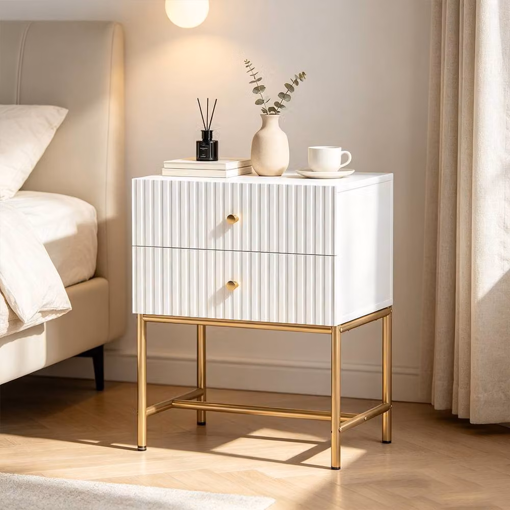 ERGOVEXA Elegant Two-Drawer Bedside Table in White and Gold, W/D/H: 60.0 x 30.8 x 48.0 cm – 3