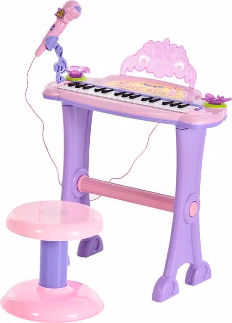 HOMCOM Electronic Mini Piano Keyboard for Kids with Microphone and Stool in Purple or Pink – 1
