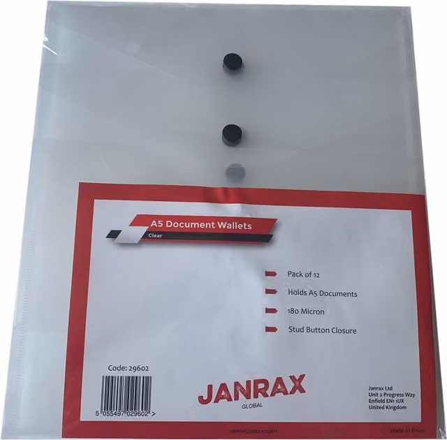 Pack of 12 Janrax A5 Yellow Transparent Plastic Snap Document Wallets