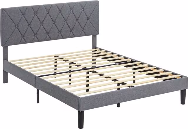 HOMCOM Grey Linen Upholstered Double Bed Frame with 5-Level Adjustable Headboard and Wooden Slats, W/D/H: 180 x 200 cm – 1