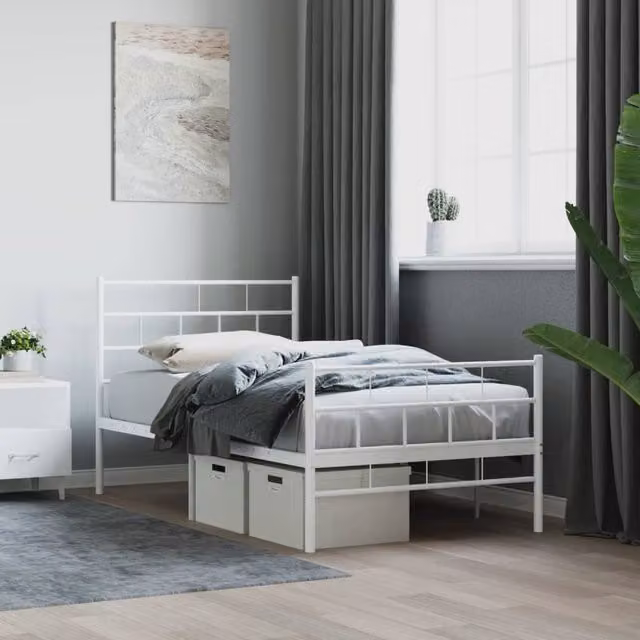 Berkfield Home Metal Bed Frame with Headboard and Footboard in White, W: 100 cm, L: 190 cm – 1