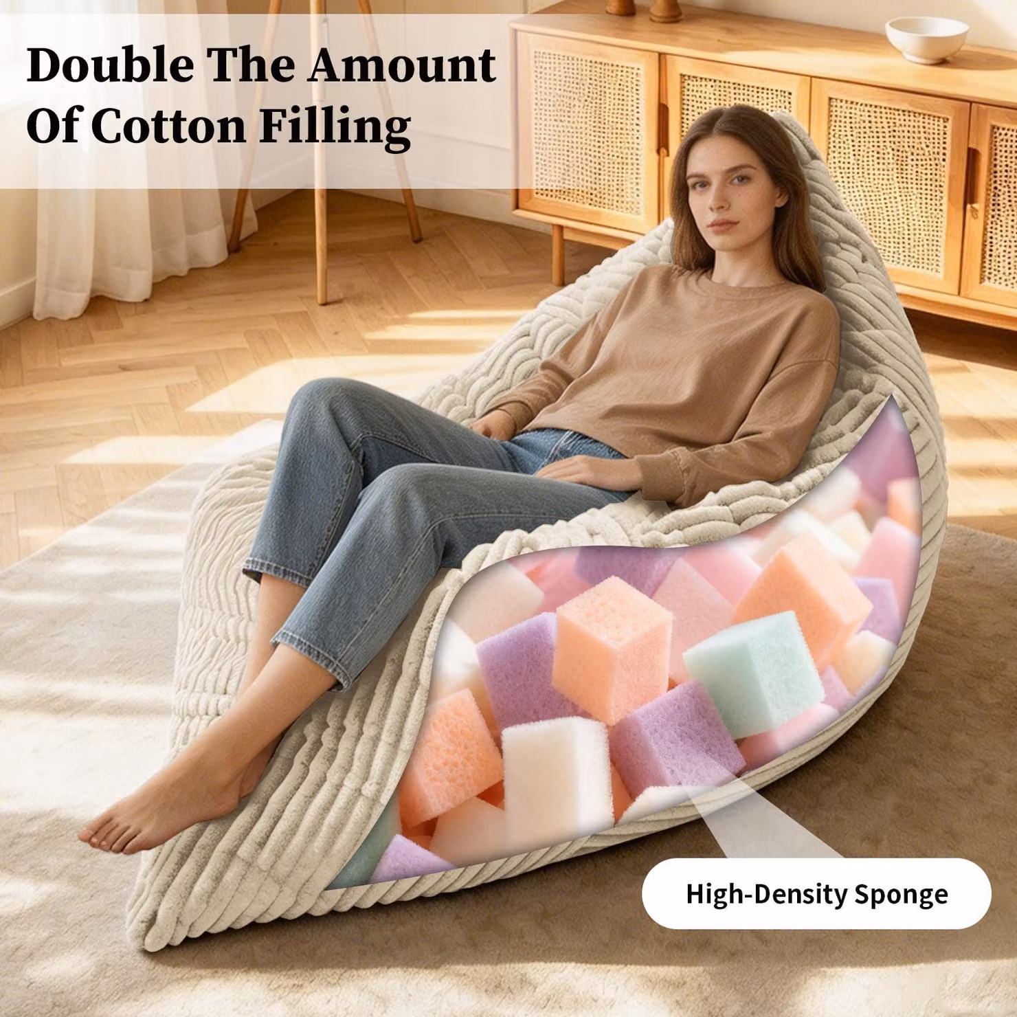 Aosom UK Convertible Bean Bag with Soft Ribbed Corduroy Cover and Shredded Memory Foam, White, W: 125 cm, L: 180 cm – 4