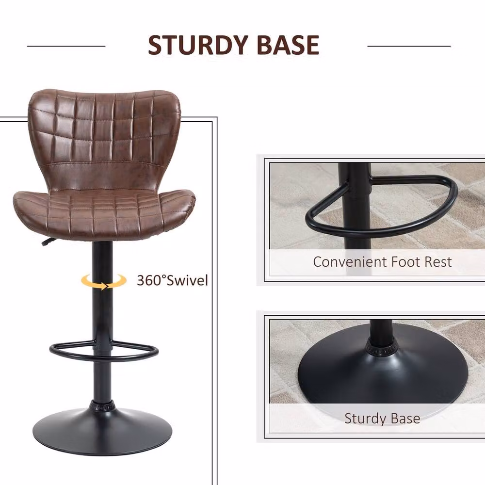FORGEVIO Set of 2 Brown PU Leather Adjustable Height Swivel Bar Stools – 3