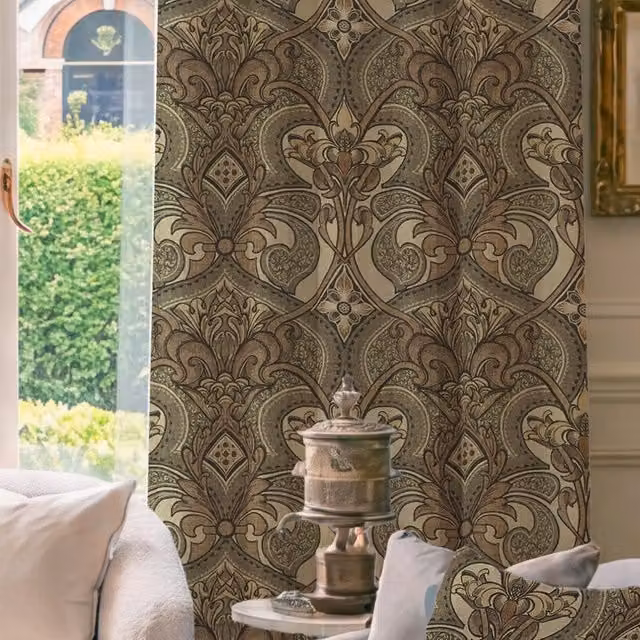 HOUSE Llewelyn-Bowen Gwendoline Aurelia Made To Measure Blackout Damask Curtains in Beige and Brown