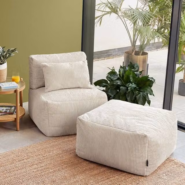 icon Noa Bean Bag and Footstool Set in Beige Cord Fabric with Filling Included