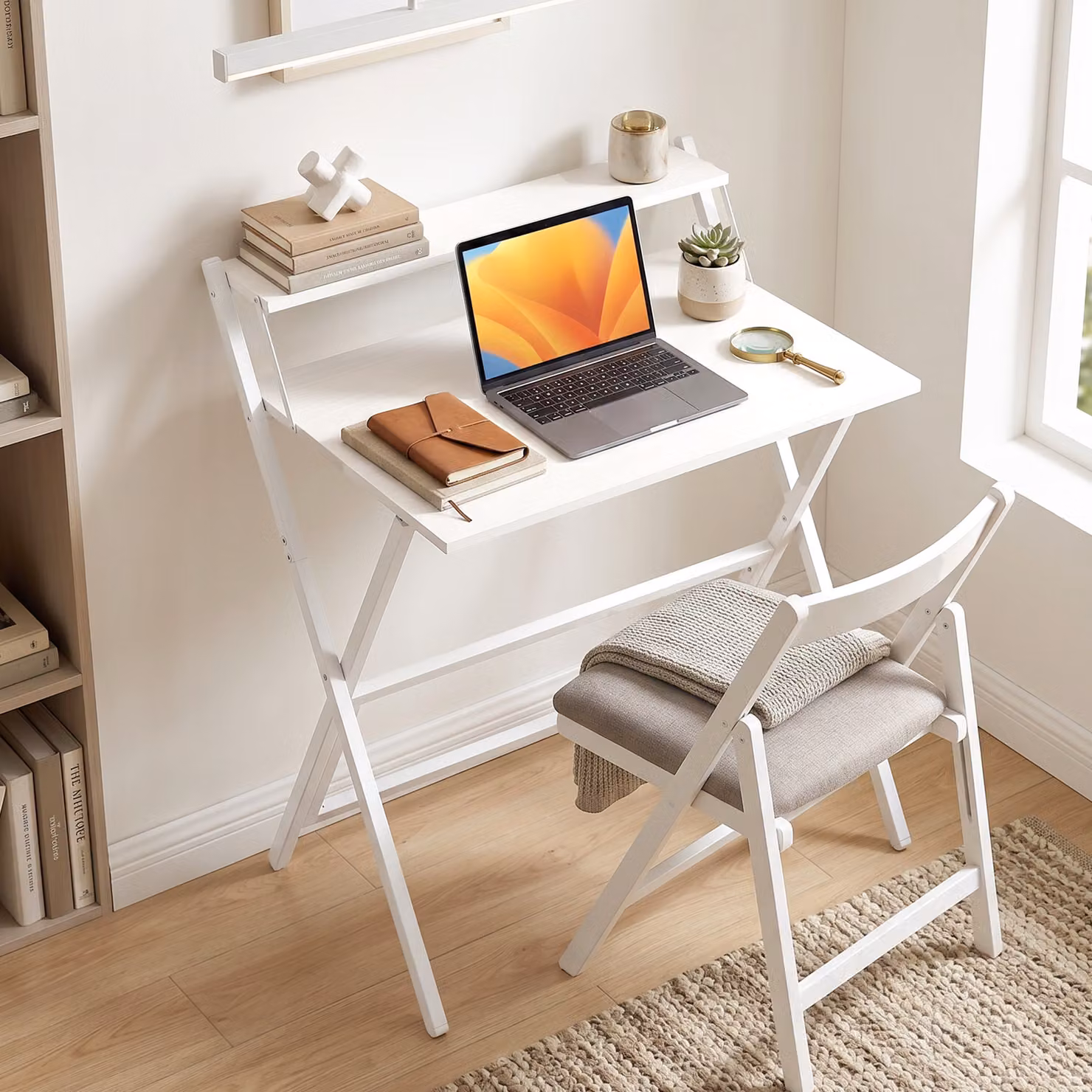 HOMCOM White Folding Computer Desk with Monitor Shelf and X-Frame Support – 2