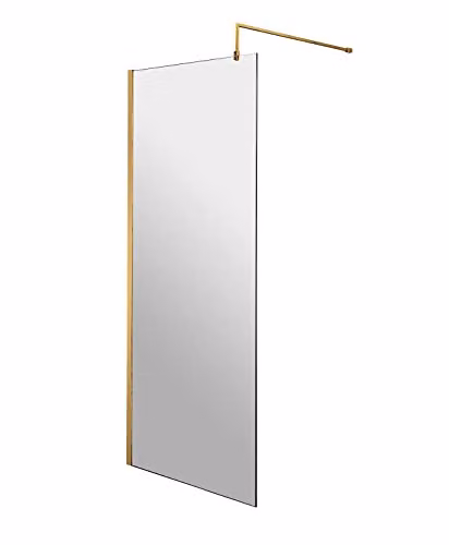 nuie Walk-in Modern Bathroom Wetroom Screen with Support Bar, Clear 8mm Toughened Safety Glass, Gold, W: 76 cm, H: 185 cm