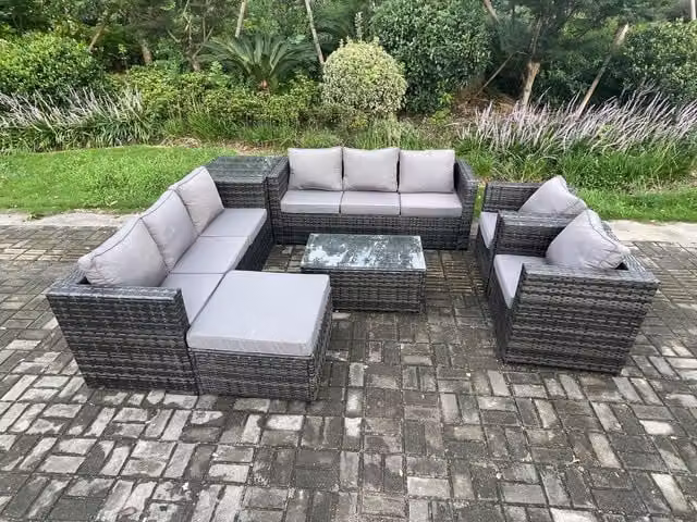 Fimous 9 Seater Grey Wicker Rattan Garden Furniture Set with U-Shape Lounge Sofa, Armchairs, Coffee Table and Ottoman