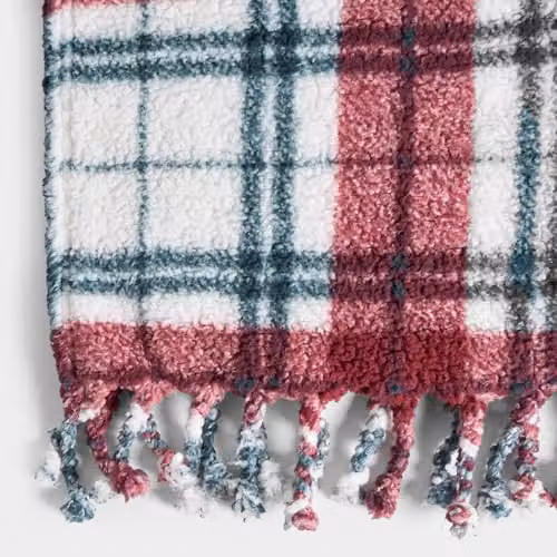 OHS Christmas Checked Sherpa Fleece Throw Blanket with Tassels, Red and Green, W/D/H: 120 x 150 cm – 4