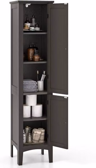 VOGREX 5-Tier Tall Narrow Bathroom Cabinet in Brown and Black with Hinged Doors and Internal Shelves, H 160 cm x W 38 cm x D 2 cm – 1