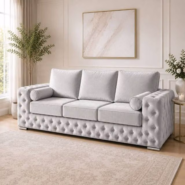 Stratus Interiors Ashley Luxury Chesterfield 3 Seater Fabric Upholstered Sofa in Silver, W: 203.2 cm, H: 76.0 cm, D: 67.0 cm