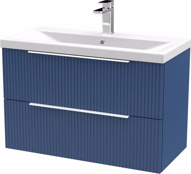 Balterley Fluted Wall Hung 2 Drawer Vanity Basin Unit and Basin, Satin Blue, Width: 80 cm – 1