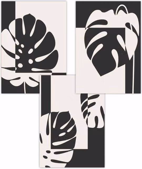 ARTZE Set of 3 Mid Century Monstera Botanical Art Posters in Black, Orange, Blue and Grey, W: 42 cm, H: 59 cm