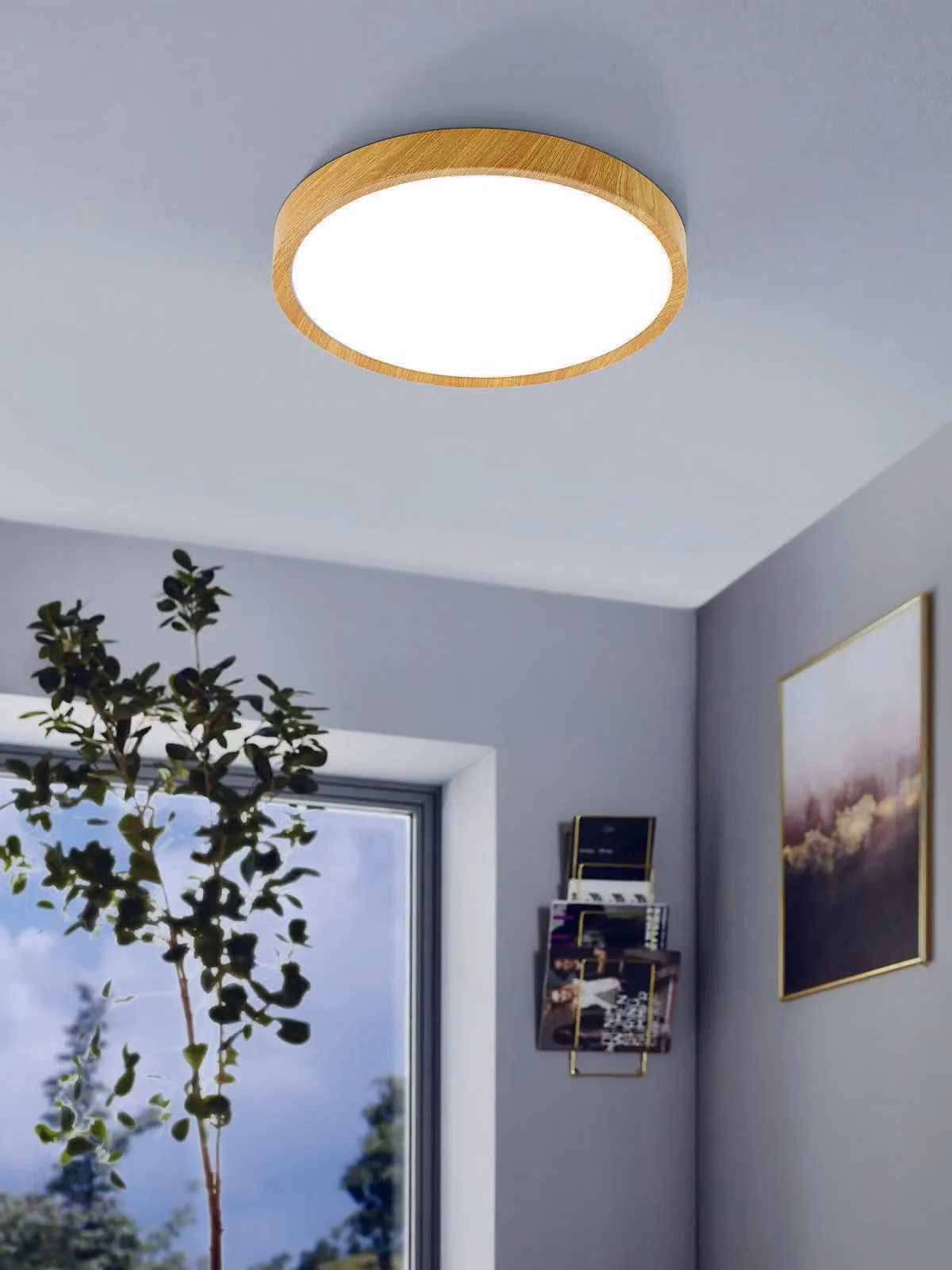 Loops LED Flush Ceiling Light in White and Natural Wood Look – 2