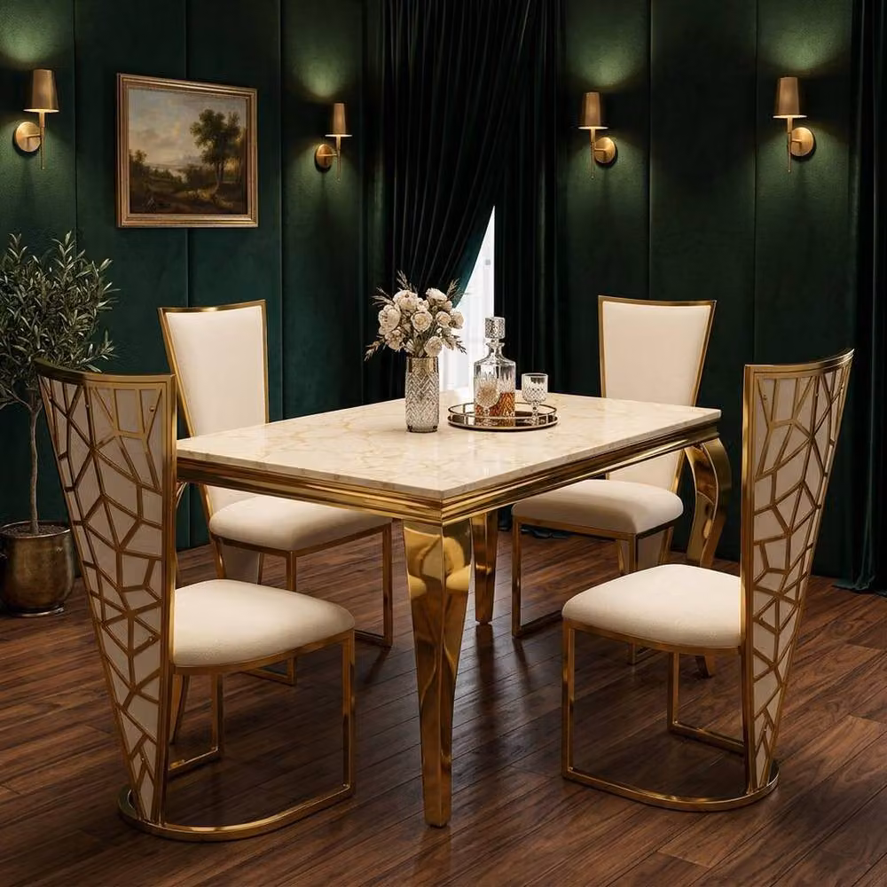 Home Luxe Interior Marble Dining Table and 4 Vienna Cream Gold Velvet Chairs Set, Width: 120 cm – 2