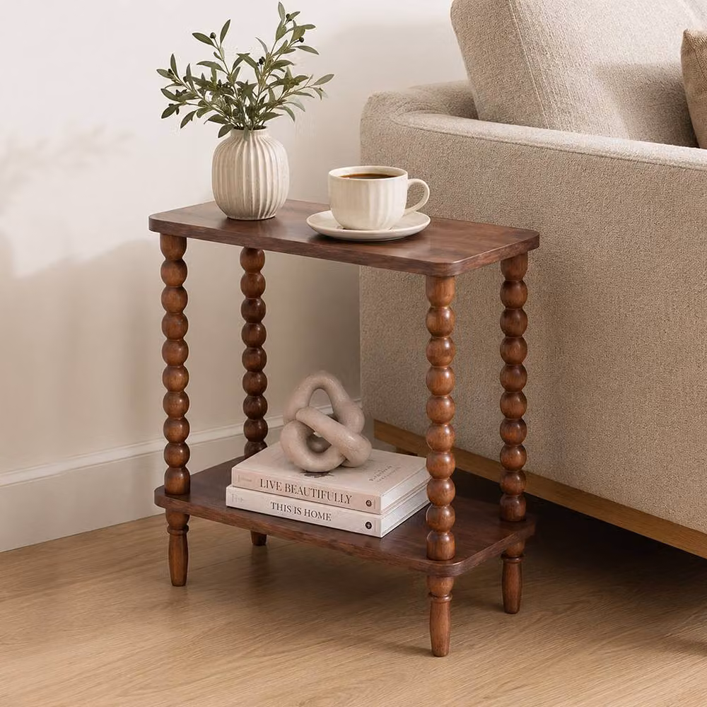 Levede Brown 2-Tier Narrow Side Table with MDF Storage and Rubberwood Legs – 3