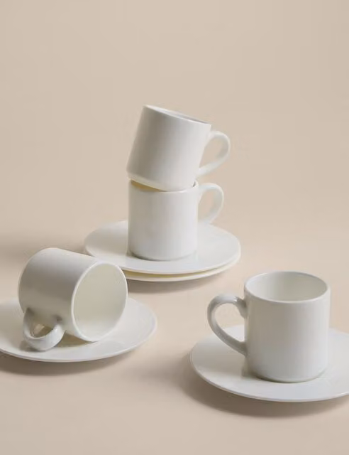 M&S Clarendon Set of 4 Bone China Espresso Cups and Saucers, White