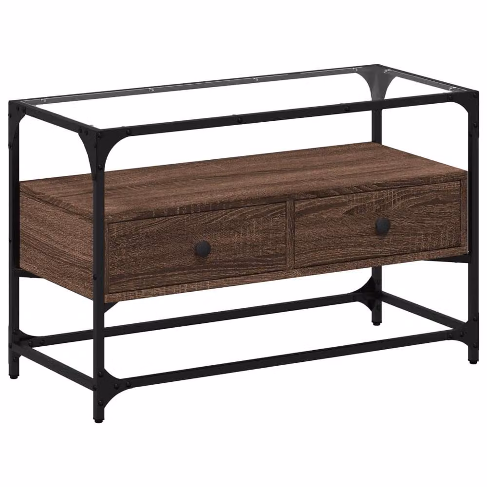 Berkfield Home TV Cabinet in Brown Oak with Glass Top, W/D/H: 80 x 35 x 51 cm – 3