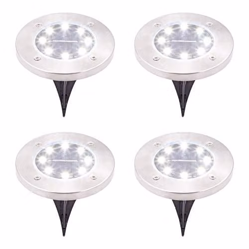 GardenKraft Stainless Steel Solar LED Ground Lights, 4 Pack, IP67 Waterproof, White/Silver