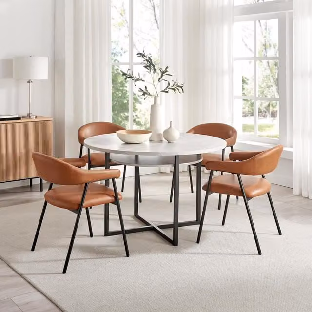 Furniturebox UK Adley Round Grey Concrete Effect Dining Table with 4 Tan Faux Leather Delos Chairs