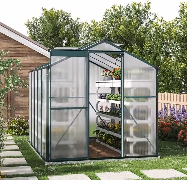 Livingandhome Aluminium Framed Garden Greenhouse with Polycarbonate Panels in Transparent and Green, W: 252 cm, H: 190 cm
