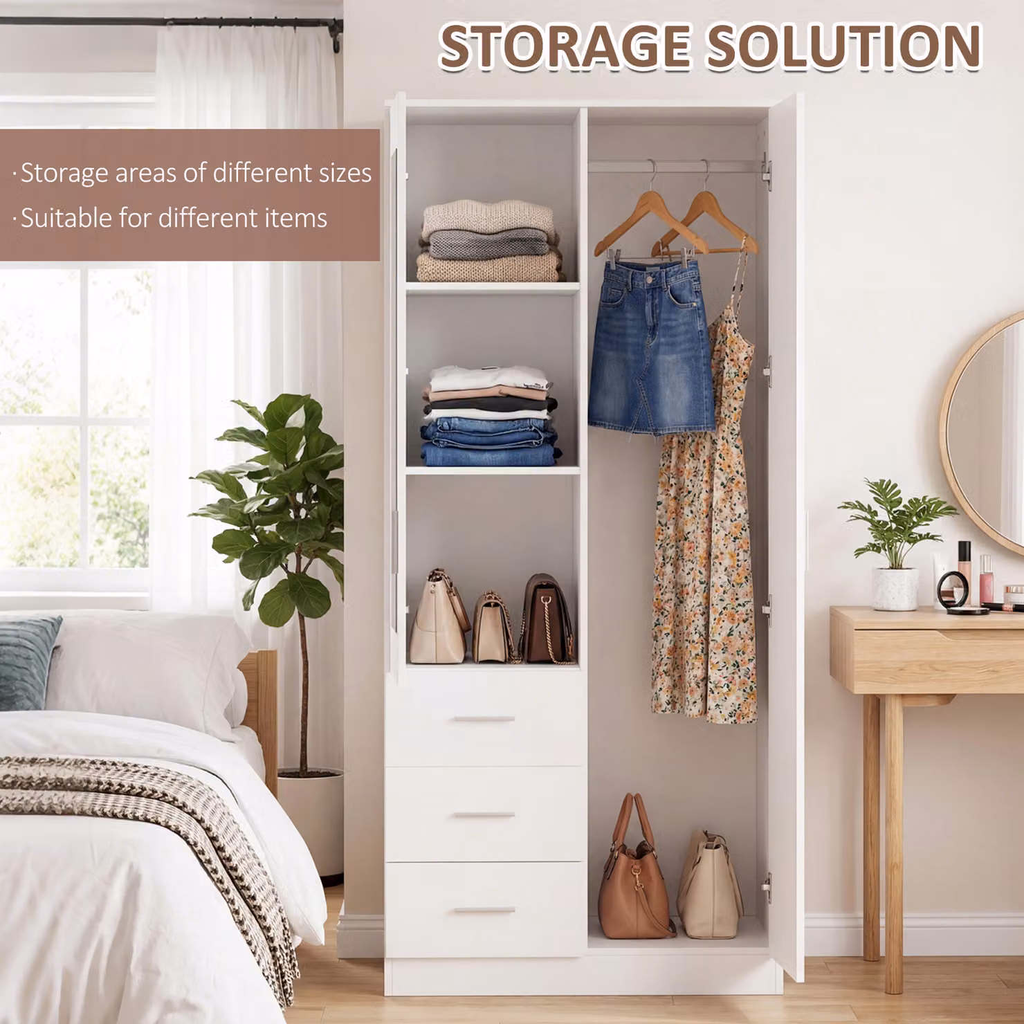 HOMCOM White Mirror Wardrobe with 2 Doors, 3 Drawers and Adjustable Shelves, W/D/H: 80 x 50 x 180 cm – 3