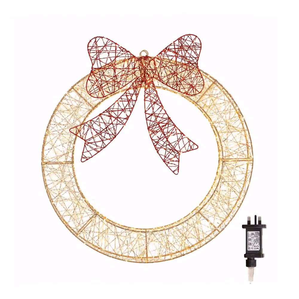 Samuel Alexander 70cm Christmas Wreath with 750 Warm White LEDs, Timer and Red Bow in Gold/Brass – 3