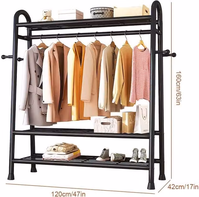 Nordara Black Heavy Duty Double Clothes Rail Rack Freestanding Hanging Metal W/D/H: 120 x 100 x 100 cm