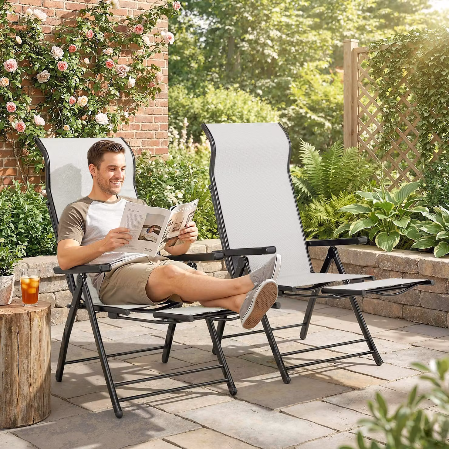 Outsunny Set of 2 Reclining Garden Chairs in Grey with 5-Position Adjustable Backrest and Retractable Footrest – 2