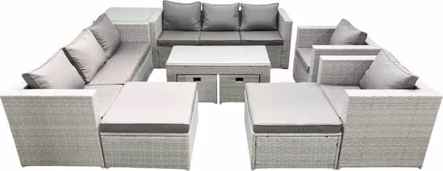 Fimous Rattan Garden Furniture Set in Grey with 2-Seater Sofa, Lounge Armchair, Coffee Table and Ottomans