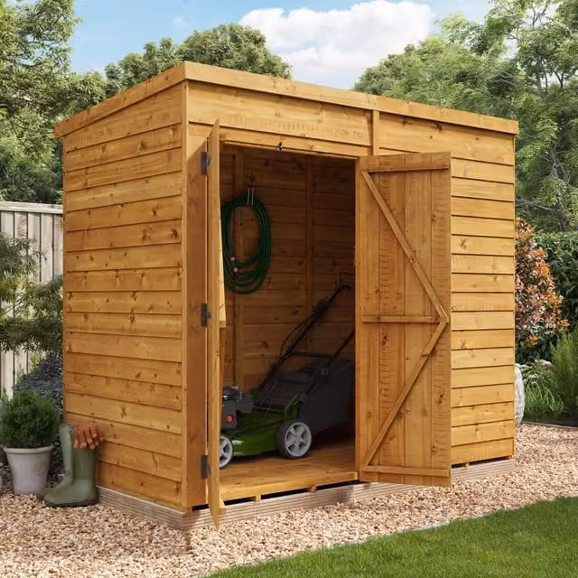 BillyOh Switch Overlap Pent Wooden Shed in Brown with Double Doors and Floor, W/D/H: 243.84 x 121.92 x 176.82 cm