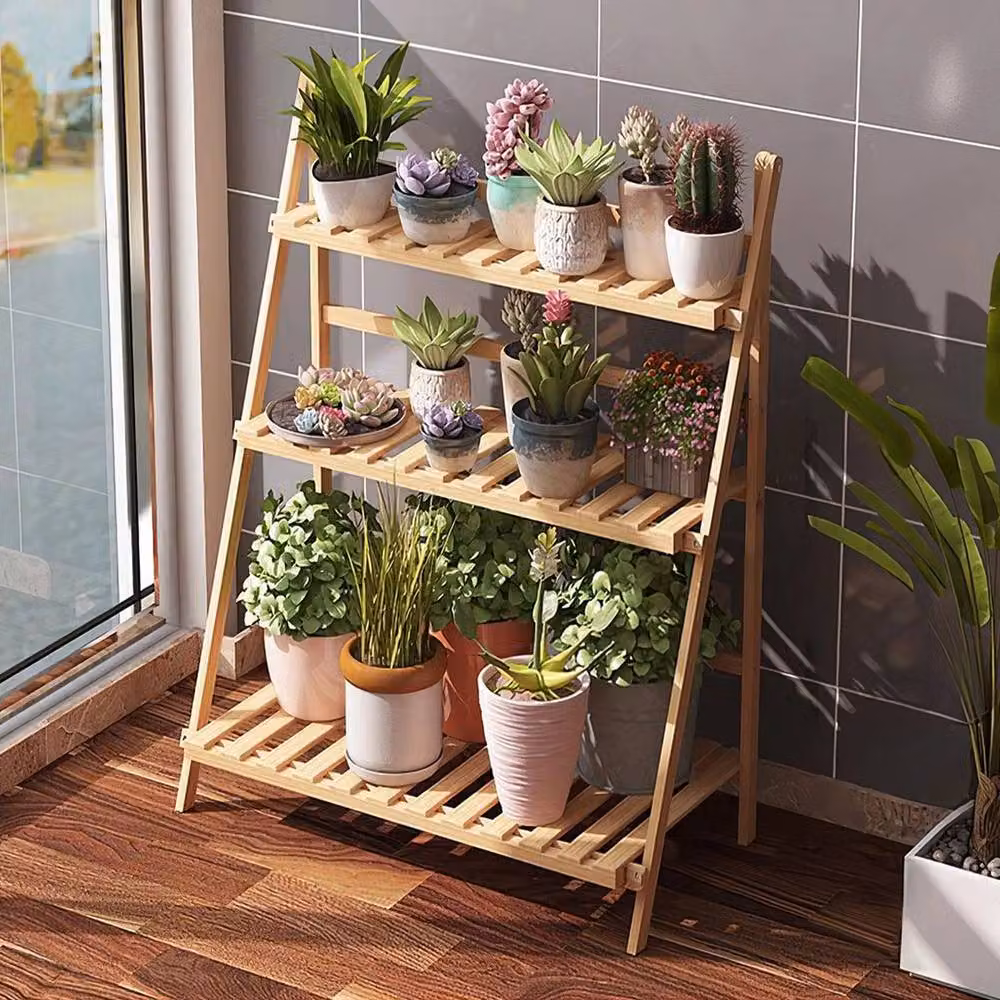 NESTLUNE Foldable 3-Tier Wooden Ladder Plant Stand in Brown, H 100 x W 15 x D 15 cm – 2