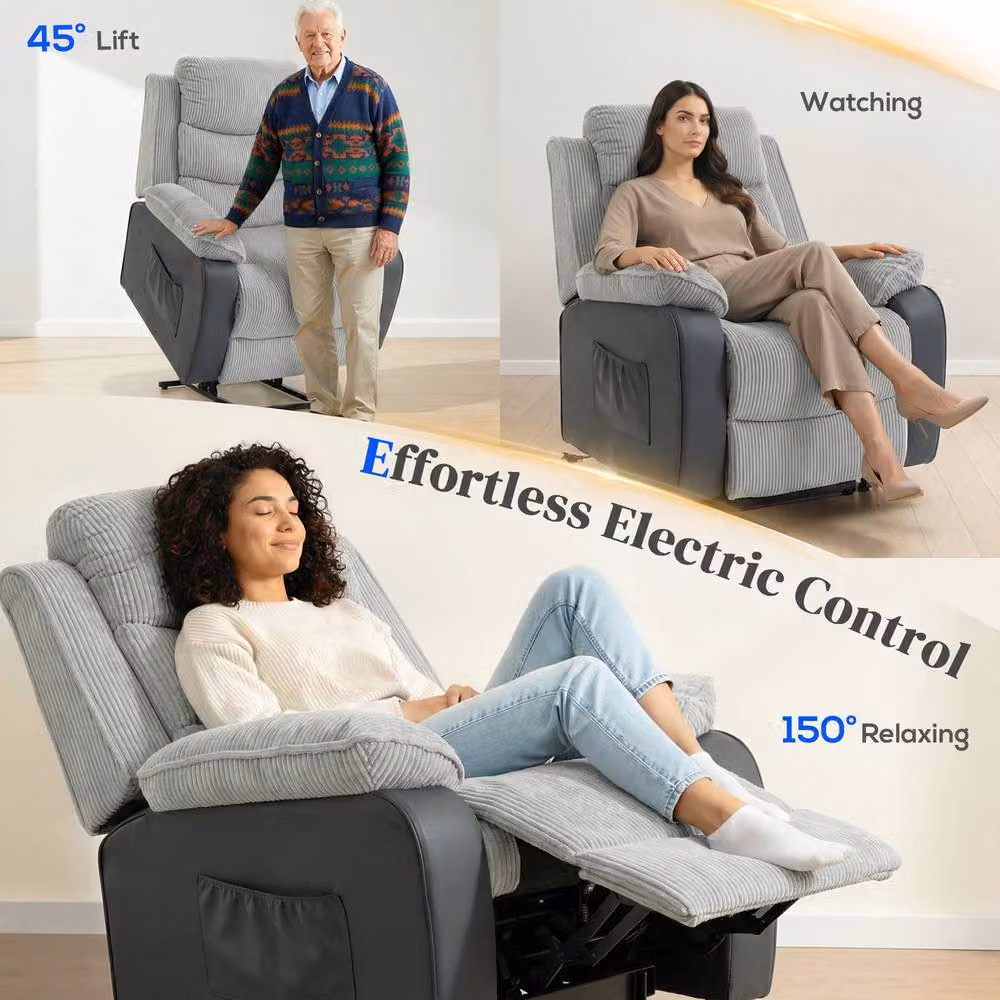 HOMCOM Power Lift Riser Recliner Chair with High Back and Remote Control, Light Grey – 4