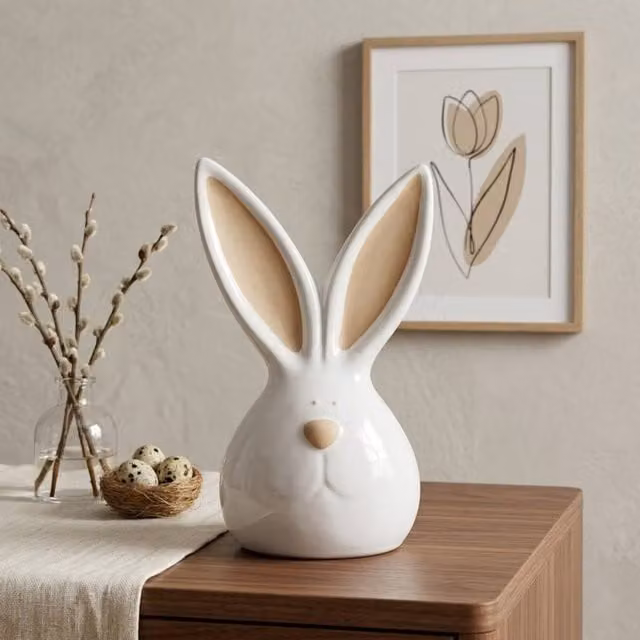 Garden Greatness Large Ceramic Bunny Head Ornament in White and Multicolour for Spring and Easter Tabletop Decor