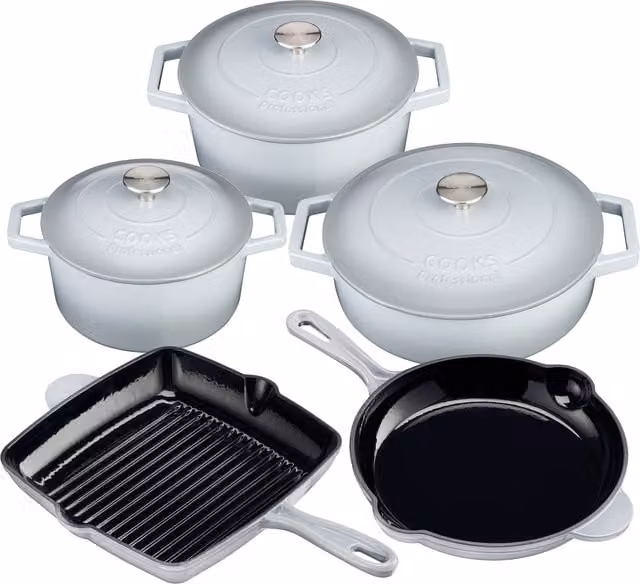 Cooks Professional 5 Piece Enamelled Cast Iron Casserole Dish, Frying Pan and Skillet Set in Grey