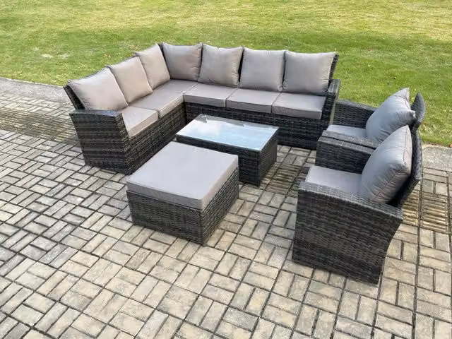 Fimous 9 Seater High Back Rattan Garden Furniture Set in Dark Grey with Corner Sofa, Rectangular Coffee Table and Ottoman