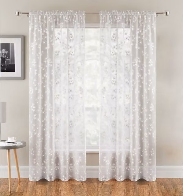 Tyrone Textiles Pair of White Floral Print Sheer Linen Look Voile Curtain Panels with Rod Pocket, Height: 183 cm