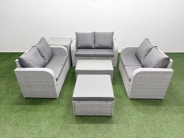 Fimous 7 Seater PE Wicker Rattan Garden Furniture Set in Light Grey with Coffee Table, 2 Seater Sofa, Footstool and Side Table