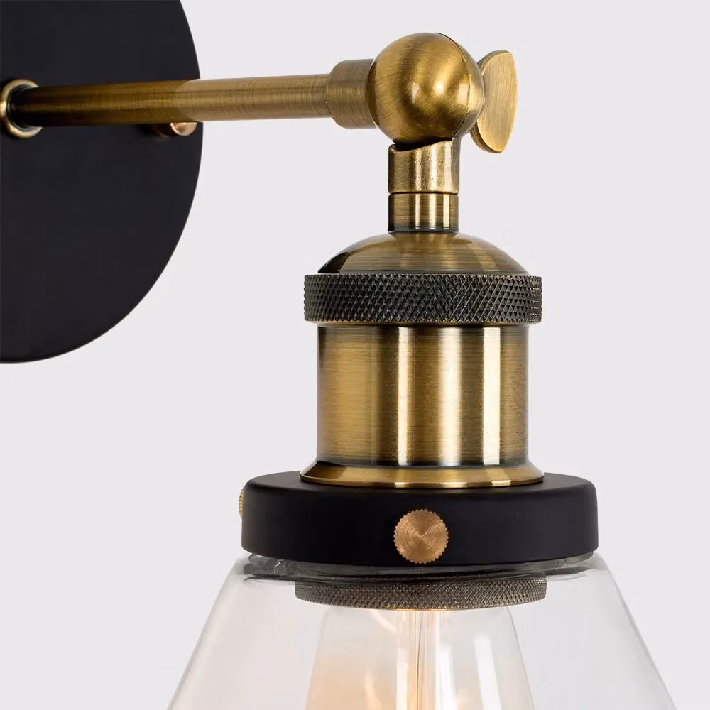 ValueLights Norton Industrial Pair of Black and Gold Indoor Wall Lanterns with Transparent Glass – 3