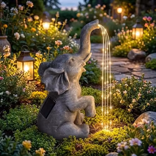 Alivio Solar Elephant Garden Statue, Large Grey and Silver Decorative Animal Figurine with LED Lights, Waterproof Resin Outdoor Ornament
