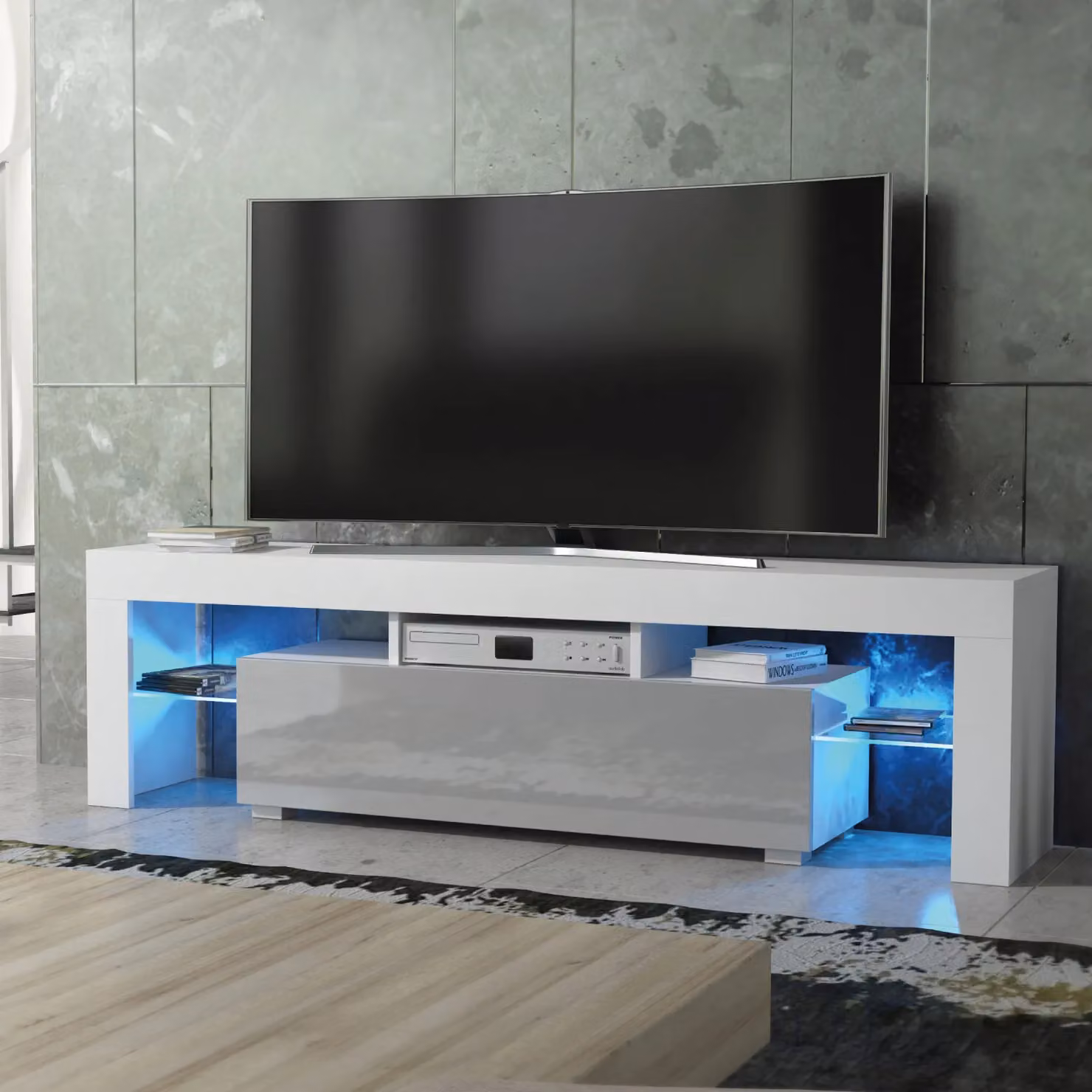 Mex Furniture LTD Modern Glossy TV Unit with LED Lighting in Light Grey, W: 160 cm, D: 35 cm, H: 45 cm – 4