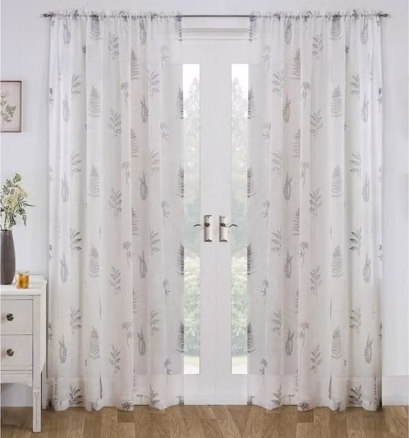 Enhanced Living Bracken Leaf Print Linen-Look Voile Panel Pair in Grey and White, Width: 183 cm